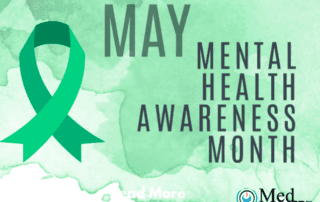 A green ribbon with the words may mental health awareness month.